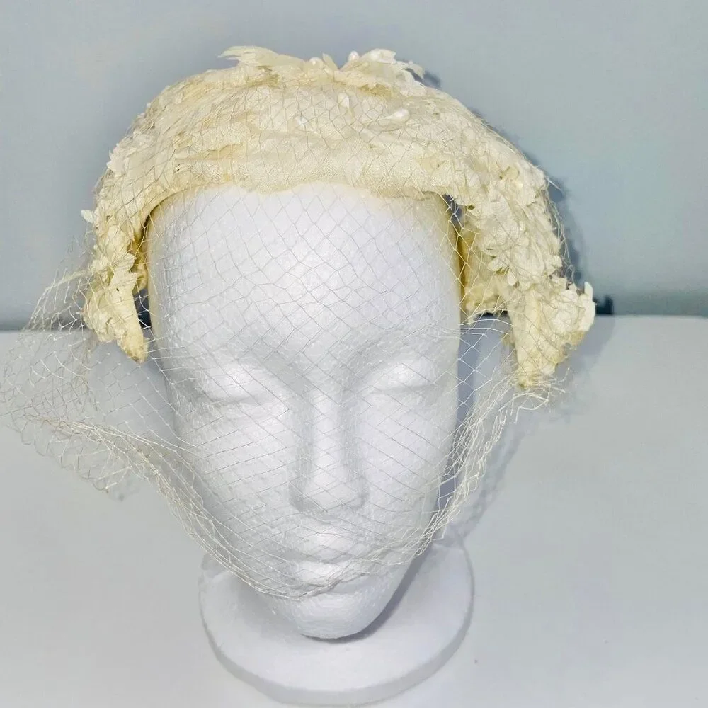 Vintage 50s 60s Crown Ivory Hat Net Floral Pearls Bridal Dance Costume Theatre
